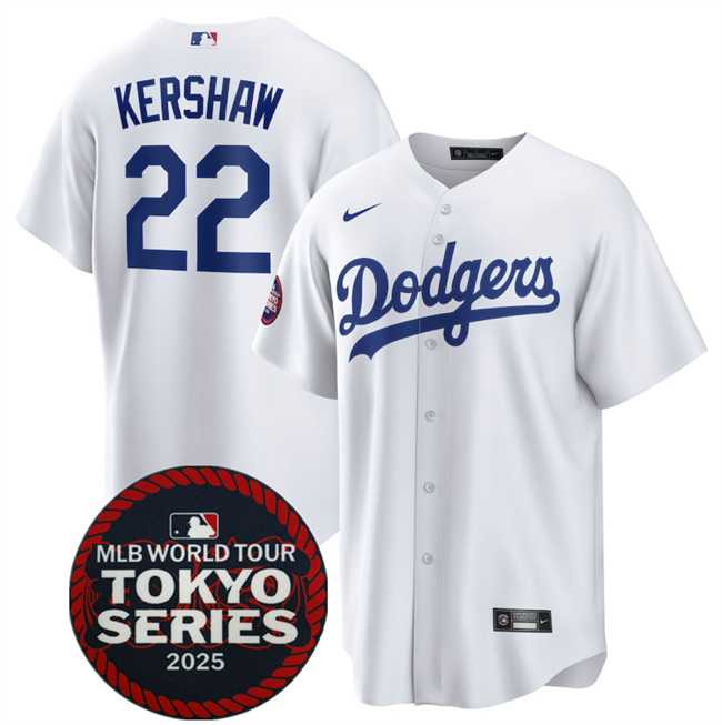 Mens Los Angeles Dodgers #22 Clayton Kershaw White 2025 World Tour Tokyo Series Home Stitched Jersey Dzhi